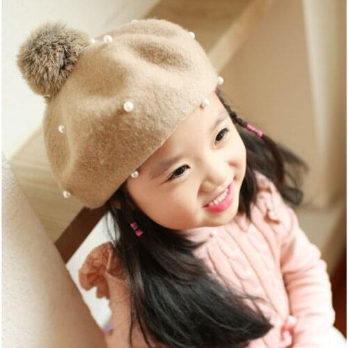Vintage Kids Pearl Warm Wool Beret For Girls Women Octagonal Cap Winter And Autumn Artist Barrette Hat SWANOWING