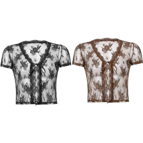 Women Short Sleeve Floral Lace Cardigan Crop Top Open Front Tie Up Slim T-Shirt Jacket Sexy V-Neck Sheer Mesh Streetwear