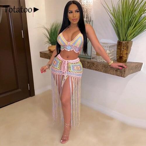 Totatoop Rainbow Corchet Tassel Two Piece Set Beach Dress Suit Women 2021 Summer Halter Crop Top And Long Skirt Boho Beach Set
