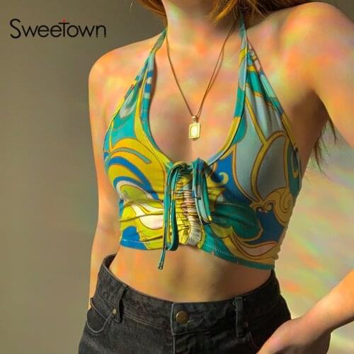 Sweetown 2000s Aesthetic Y2K Crop Top Beach Style Wave Print Halter Corset Tops Women Backless Ruched Lace Up Tanks Camis Summer