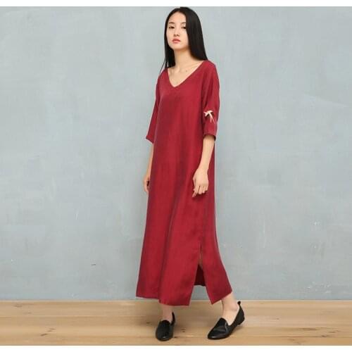 Women Summer Autumn Embroidered Cupro Solid Color Dress Ladies V Neck Casual Dress Female 2020 Dress