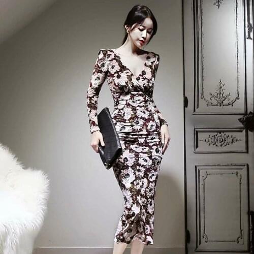 2020 Spring Summer Print Floral Dress Women Long Sleeve Corset Midi Bodycon Birthday Dress Ladies Flower Women Dress Elegant