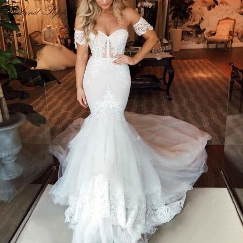 Lceland Poppy Sexy Mermaid Illusion Wedding Dresses 2021 Vestido De Noiva Strapless Lace Appliques Floor Length Bridal Gowns