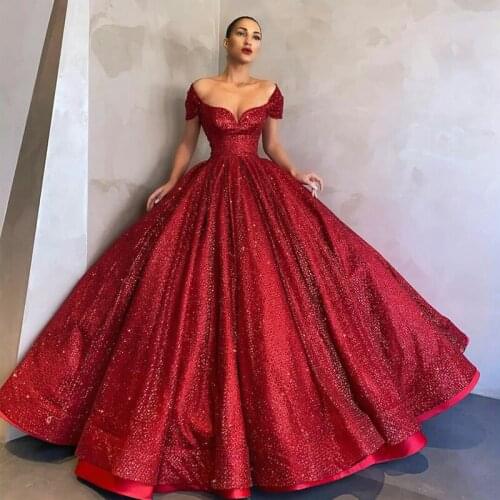 2021 Sparkly Red Sequined Quinceanera Dresses Off Shoulder Sweetheart Neck Ball Gowns Tulle Prom Dress Party Gowns