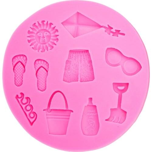 3D Hot Summer Beach Sun Kite Sea Wave Slipper glasses Shorts Silicone Mold DIY party cake Decorating Tools T0483