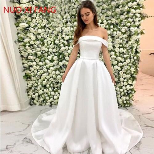 NUOXIFANG Eightale Satin Wedding Dress Strapless Off the Shoulder A Line Appliques White Wedding Gowns robe mariage 2020