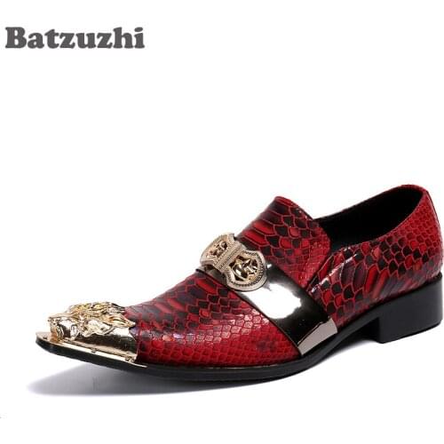 Batzuzhi Fashion Mens Shoes Luxury Handmade Mens Leather Dress Shoes Metal Cap Red Party/Wedding/Runway Shoes Men Zapatos Homb