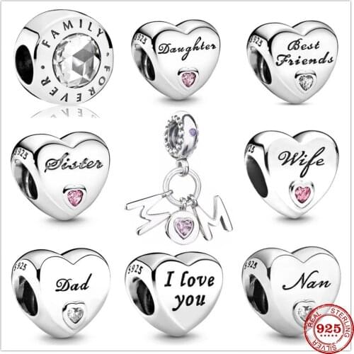 Heart shape Sister Dad Mom Daughter beads fit Original Pandora charms silver 925 Bracelet trinket jewelry for women DIY making