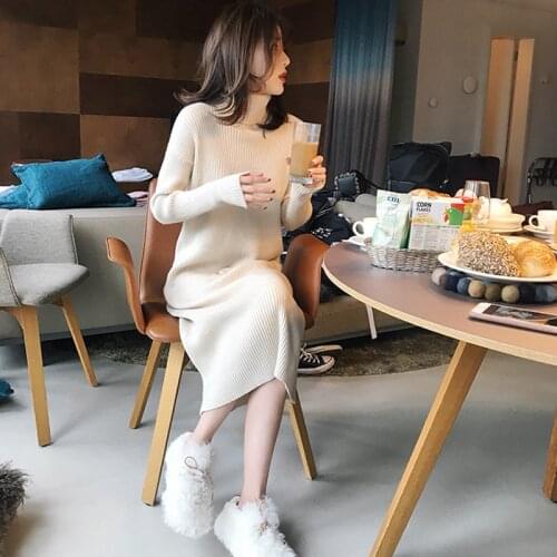 One-Piece Knit Dress Women Autumn Winter Turtleneck Knitted Sweater Dress 2020 Vintage Turtleneck Lazy Style Pullover Midi Dress