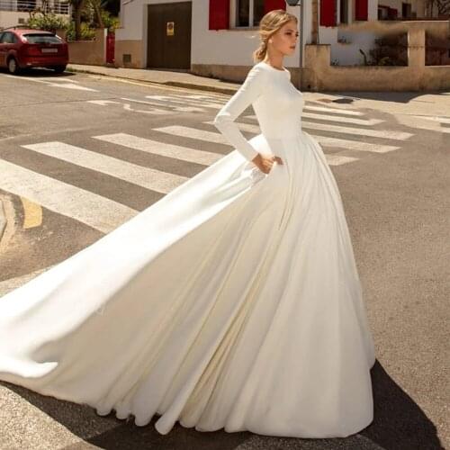 Elegant Soft Satin Princess A Line Wedding Dress Full Sleeves Sexy Backless Bridal Gowns YIWUMENS White Bride Robe De Marriage