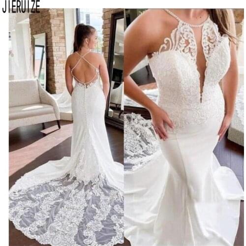JIERUIZE New Beach Mermaid Wedding Dresses Halter Neck Criss Cross Straps Back Lace Appliques Bridal Gowns vestido de noiva