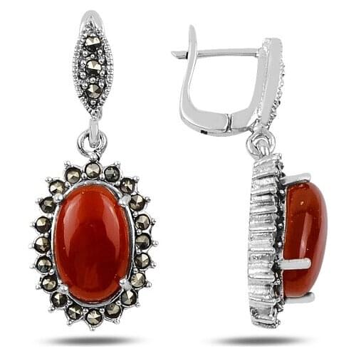 KUTAYDAN Marcasite & Red Agate Stone Dangle Earrings 925 Sterling Silver