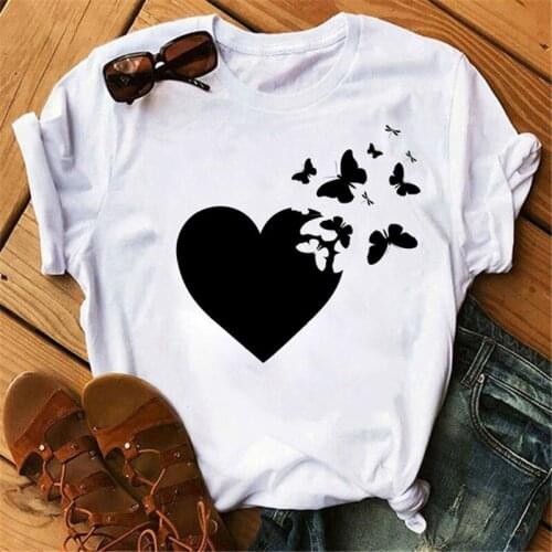 Fashion Women T Shirt Black Heart Butterfly Printed T Shirt Female Harajuku Tee Shirts Love T-shirt Ladies Graphic Tops Tee