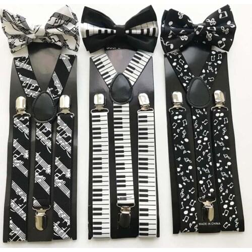 Fashion Kids Men Unisex Suspender Set Office Casual Elastic Suspenders Music Piano Y-Shape Clip-on Braces with Bow Tie