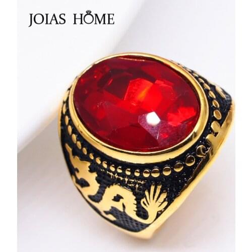 JoiasHome 925 sterling silver ring vintage gold with red gemstone mens oval dragon pattern ring wedding party gift