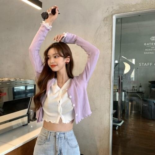 New fashion girl summer knitted jacket slim short cardigan women summer full sleeve v-neck blouse