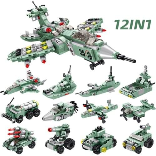 New Military Series 12 IN 1 Transfomation Destroyer Fighter Building Blocks Set Battleship Patrol Boat Tank Bricks Juguetes