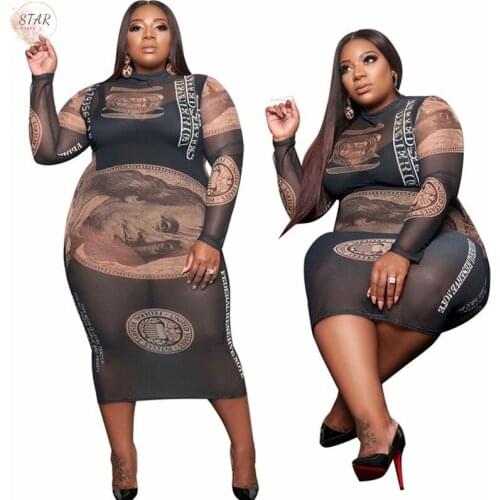 Sexy Plus Size Dress Women US Dollar Print Mesh See Through Long Sleeve Vintage Birthday Maxi Dresses Wholesale Dropshipping
