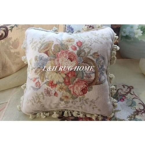 FREE SHIPPING 15K 16"X16" Handmade Needlepoint pillow Hand Knotted roses cushion NO INSERTION