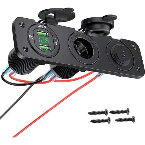 Prewired 3 In 1 Cigarette Lighter Socket Quick Charge 3.0 QC3.0 Dual USB Socket Voltmeter Toggle Switch for Marine Boat Truck RV