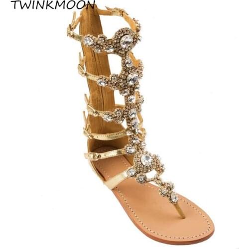 Luxury Crystal Gladiator Sandal Boots Flats Bohemia Beach Zip Up Gold Rhinestone Knee High Boots Plus Size 47 New Fashion 2020