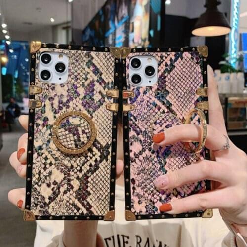 Vintage Animal Snake Skin Texture Square Phone Case For iphone 12Pro Max 11 XR X XS MAX 7 8 6 Plus Luxury Ring Holder Soft Cover