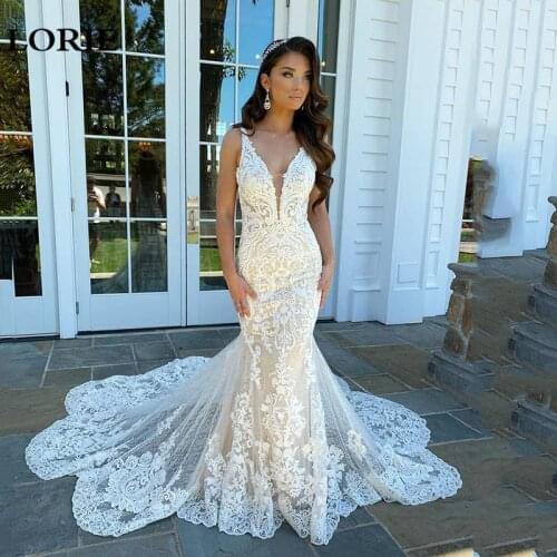 LORIE Mermaid Wedding Dresses Lace 2020 Spaghetti Strap Soft Tulle Backless Bridal Gowns Sleeveless Wedding Gowns with Train