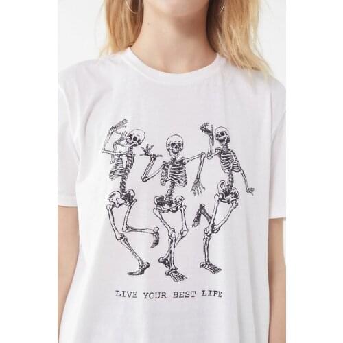 Sunfiz YF Living Your Best Life Skeleton T Shirt Funny Printed Tee Tops Women Short Sleeve O-Neck Fashion Tee Tops