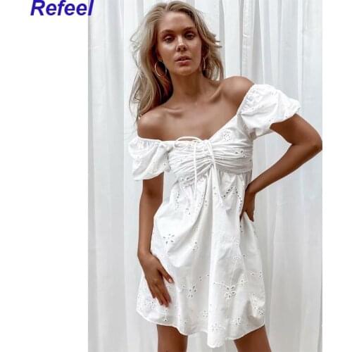 Womens Clothing Elegant White Dresses A-Line Puff Sleeves Elastic Chic Embroidery Hollow Drawstring Short Dress