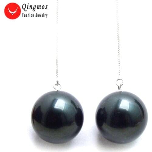 Qingmos Genuine Sterling Silver S925 Ear Line Dangle 4'' Earrings for Women & 18mm Black Round Sea Shell Pearl Earring ear663