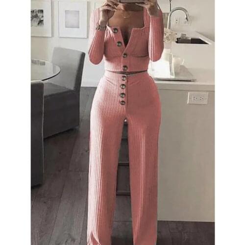 Women New Long Sleeve Cardigan Slim Button Casual T Shirt Long Pants 2 Piece Set Women