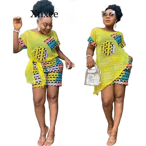 Summer NEW Women chiffon splicing irregular t-shirt print shorts suit two piece set fashion sporty tracksuit outfit beach wear