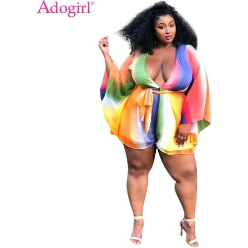 Adogirl XL-4XL Plus Size Women Playsuit Changing Color Stripe V Neck Flare Long Sleeve Fashion Jumpsuits Chiffon Romper Overalls