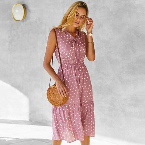 Nice Summer New Polka Dot Sleeveless Long Dress Women Casual V Neck High Waist Medium Long Tank Dresses Ladies