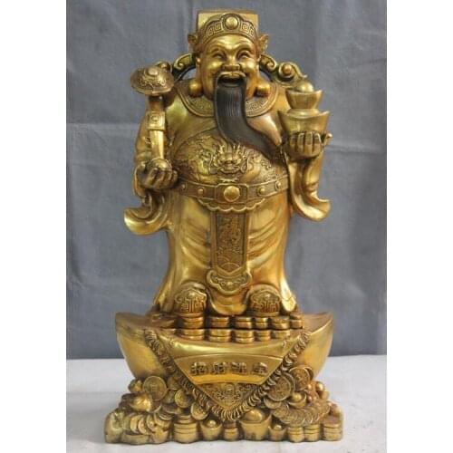 22" Chinese Bronze Gild Dragon RuYi gold ingot mammon god of wealth Buddha Statue