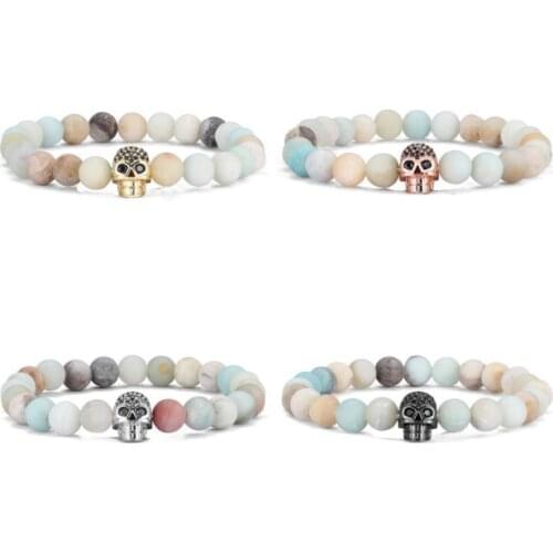 8mm skull gold silver copper cz zircon cubic zirconia beads bohemian Yoga Bracelet agate Onyx Stone Bangles wf22f