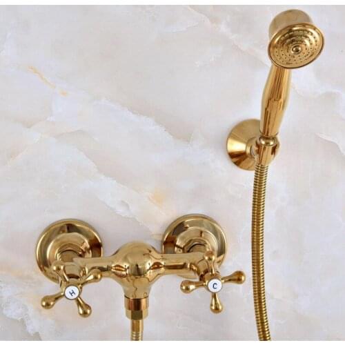 Luxury Polished Gold Color Brass Bathroom Hand Held Shower Head Faucet Set Mixer Tap Dual Cross Handles mna974