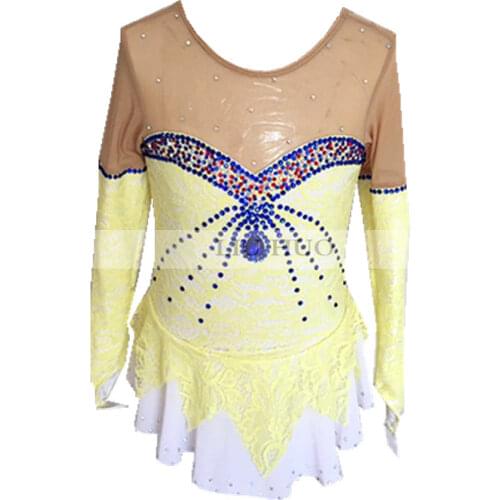 Figure Skating Dress Womens Girls' Ice Skating Dress Light yellow Blue water drill Long sleeve Beautiful angel