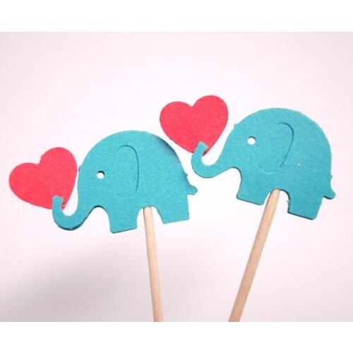 Teal elephant cupcake toppers with hearts baby shower birthday Food Picks toothpicks wedding bridal shower cake decorations