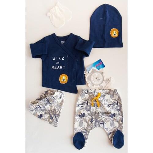 Baby Solid New Born Set Lion Figured Male Baby Hospital Output Team 5 Piece 100% Cotton Nickel-Free Snaps Baby set