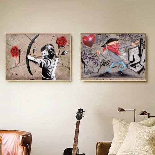 Masked Boy Archery Rose Balloon Street Art Canvas Print Painting Morden Wall Picture Living Room Home Decoration Poster