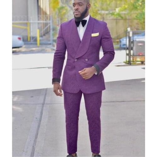 New Arrival Mens Suits Purple 2020 Jacquard Groom Tuxedos Shawl Lapel Double Breasted Men Suits Wedding suits ( jacket+Pants)