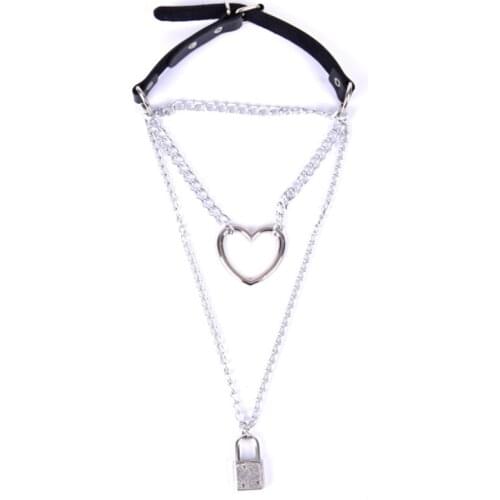 Gothic Lock Chain Necklace Multilayer Punk Choker Collar Goth Pendant Necklace Women Black Leather Emo Kawaii Witch Rave Jewelry