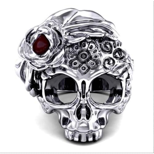Punk Style Mens Ring Ruby Ghost Skull Fashion Domineering Ring for Men Halloween Party Jewelry Hand Accessories Hot Sale
