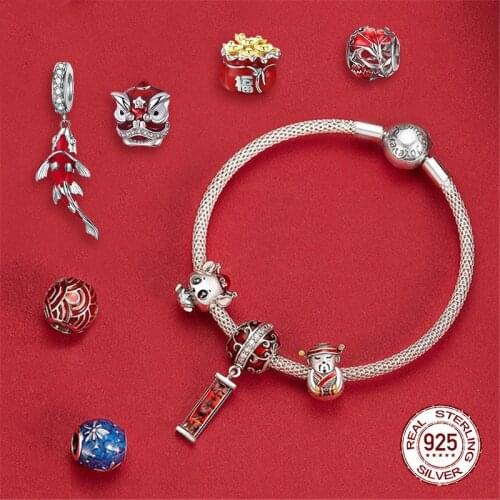 Fit Europe Bracelet Silver 925 Original Chinese Lucky Mascot Beads S925 Red Lucky Fish Fortune God Charms for Jewelry Making