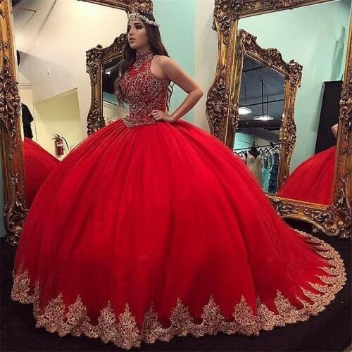 Luxury Ball Gown Red Quinceanera Dresses High Neck Beaded Crystal Sweet 16 Dress Applique Puffy Slirt vestido de 15 anos