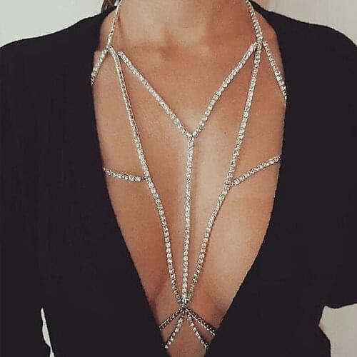Luxury Rhinestone Harness Bra Cross Body Chain for Women Bohemian Sexy Beach Tassel Chest Neck Belly Waist Chains Body Jewelry