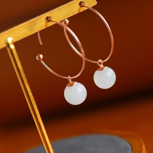 Natural 925 sterling silver inlaid hetian white jade round beads simple retro earrings jewelry individuality for woman earings