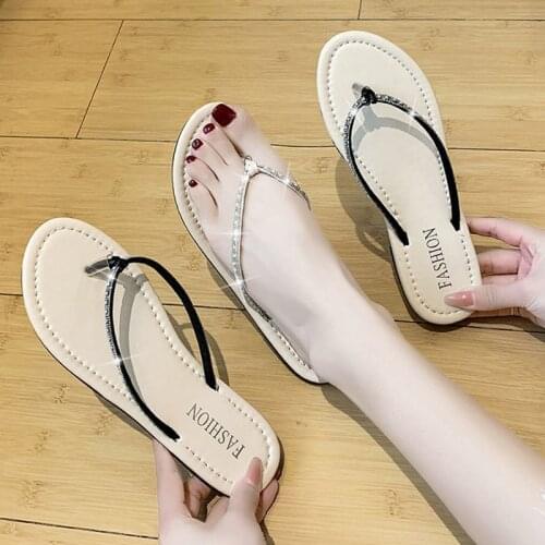 Womens Flip Flops Summer Outside Rhinestone Sandals Narrow Band Slides Korean Fashion Non-Slip Flat Slipper Female