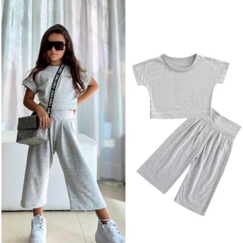 Citgeett Summer Kids Toddlers Baby Girls Tracksuits Solid O-Neck Short Sleeves Tops + High-Waist Casual Pants Grey Set